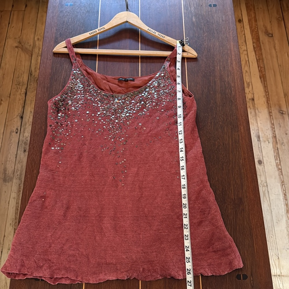 Silk Linen Eileen Fisher tank, embellished beaded rust brown/pink, stretchy.